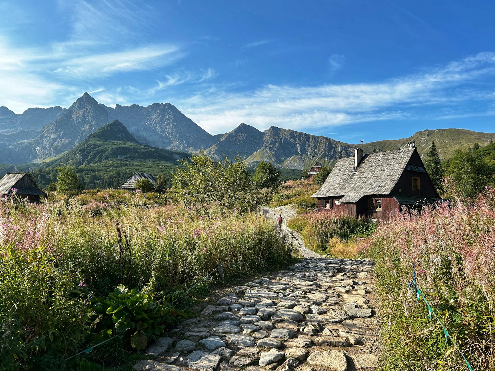 Letnie krajobrazy Hali Gąsienicowej z górami i drewnianymi szałasami